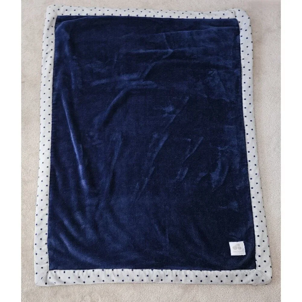 Just Born Navy Blue Gray Stars Trim Fleece Baby Blanket SOFT 29x38 RARE DESIGN